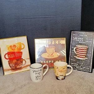 Bundle of 3 coffee theme pictures and 2 coffee mugs